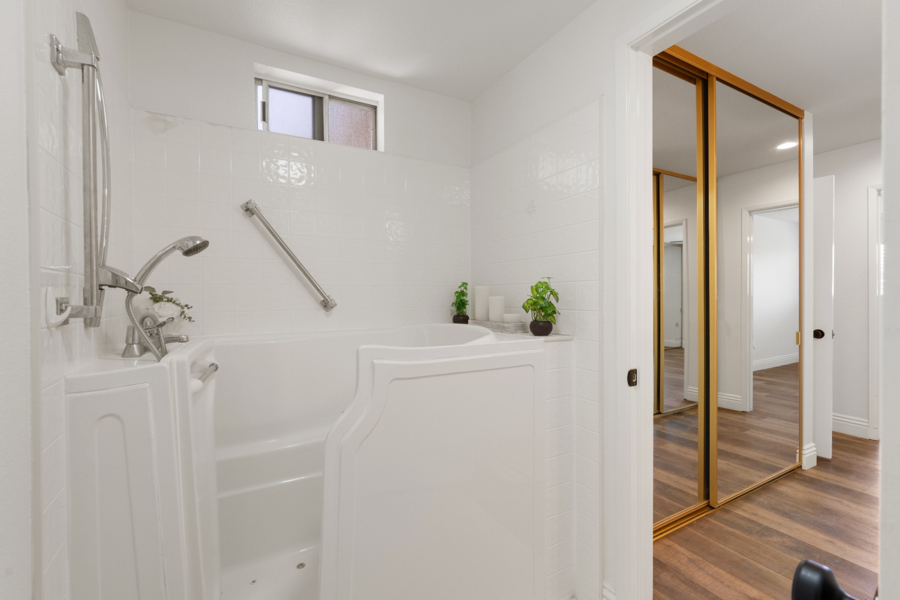 Primary bathroom walk-in soaking tub with grab bars