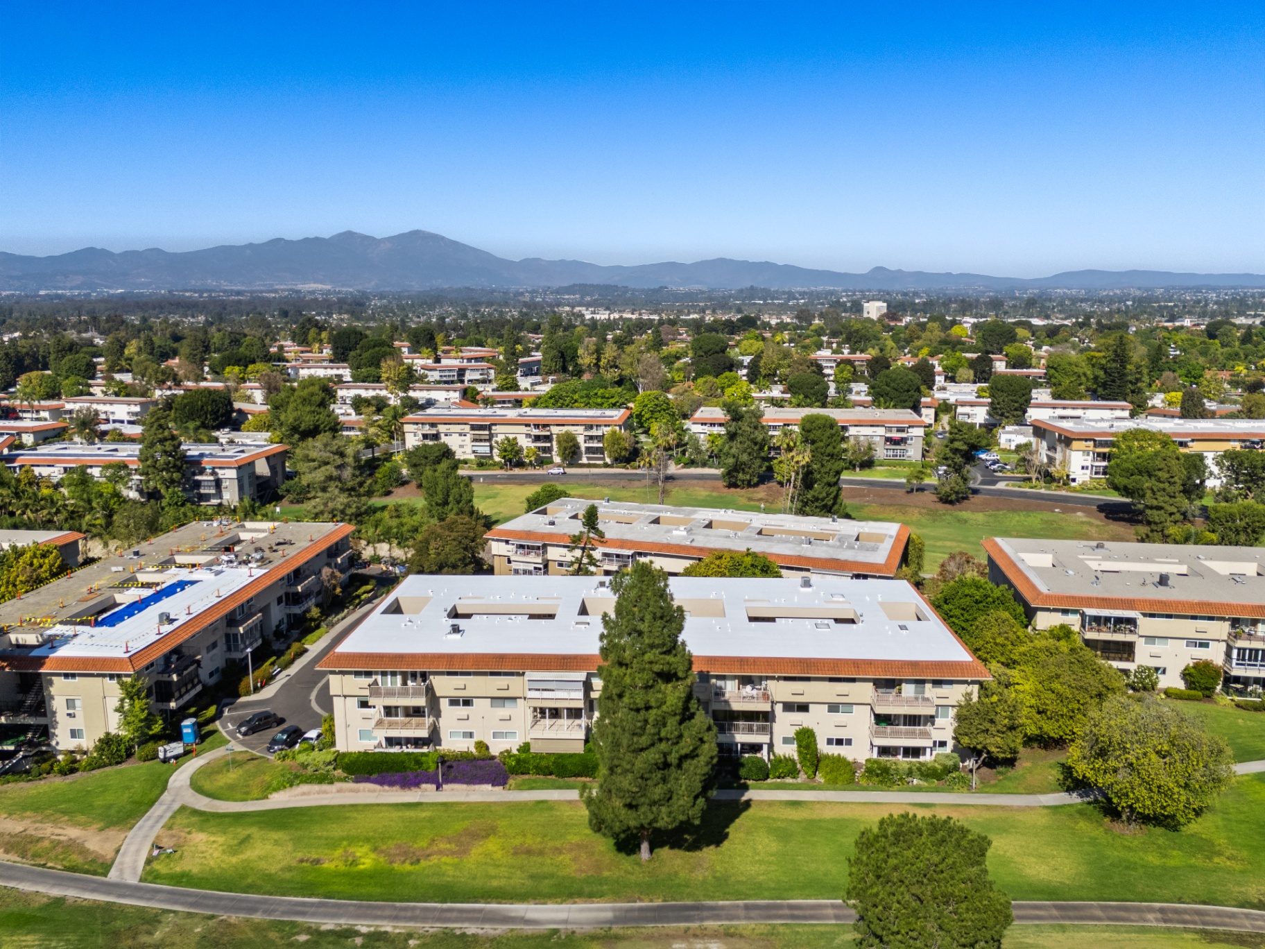 Aerial view of the building with Saddleback Mountains in the distance